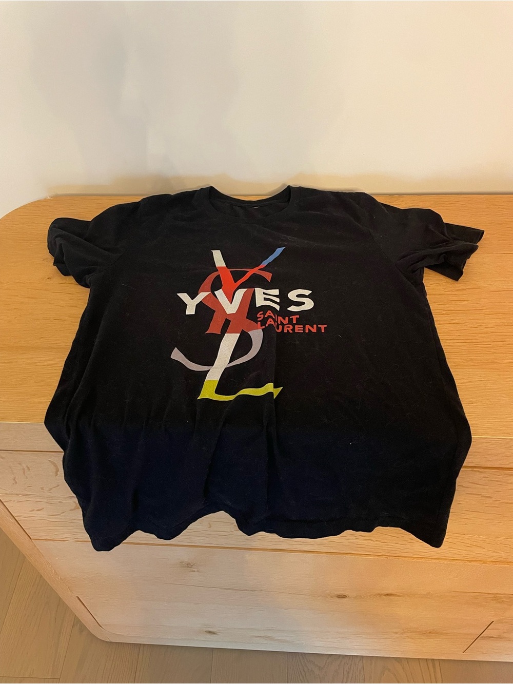 Yves Saint Laurent Black Short-Sleeve Logo Tee with Multicolor Print